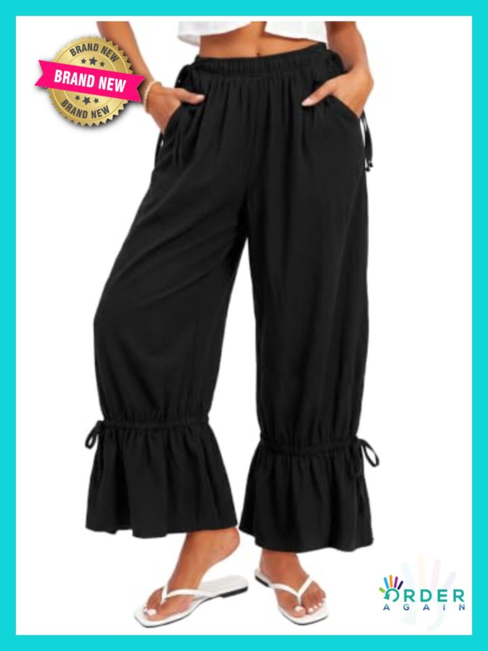 Drawstring Tie Ruffle Flared Hem Ankle Pants Elastic Waist Beach Boho